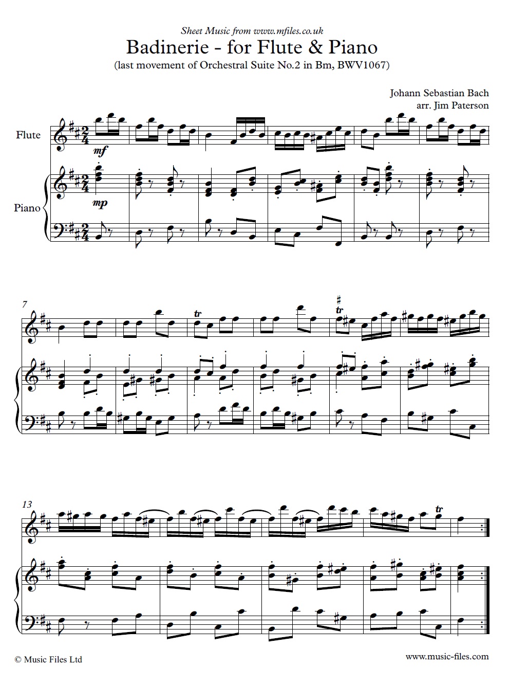 Bach Badinerie for Flute and Piano - sheet music 1st page