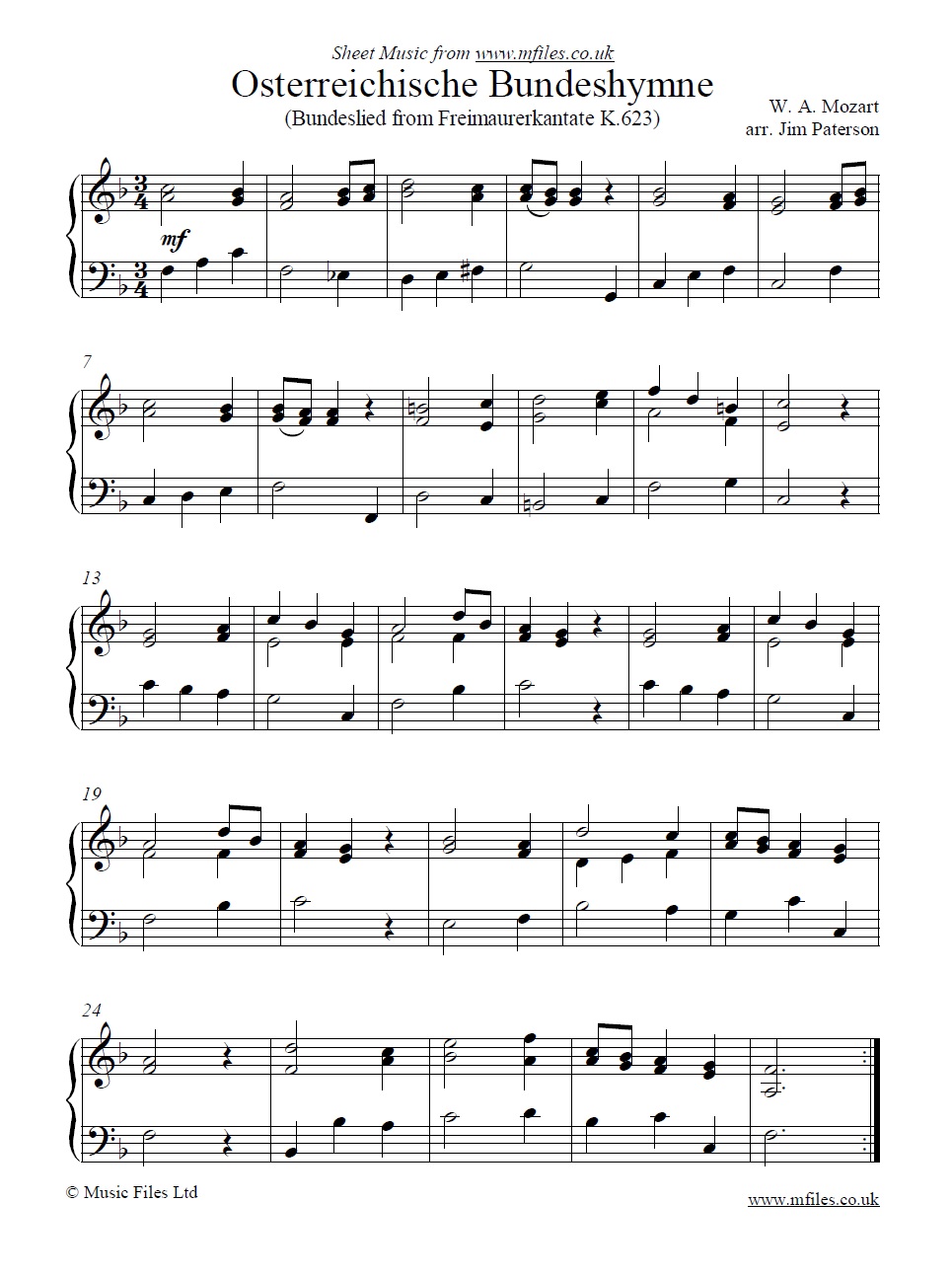 Österreichische Bundeshymne, the Austrian National Anthem - W. A. Mozart :  Classical/Traditional Sheet Music