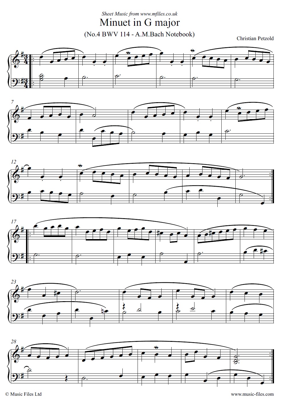 Petzold's Minuet in G major, no.4 in Bach Notebook BWV 114 for piano - sheet music 1st page