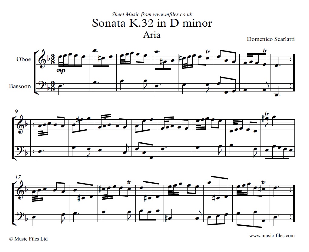 Domenico Scarlatti's Sonata K.32 in D minor for Oboe and Bassoon - sheet music 1st page