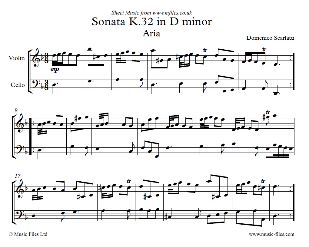 Domenico Scarlatti's Sonata K.32 in D minor for Violin and Cello - sheet music 1st page