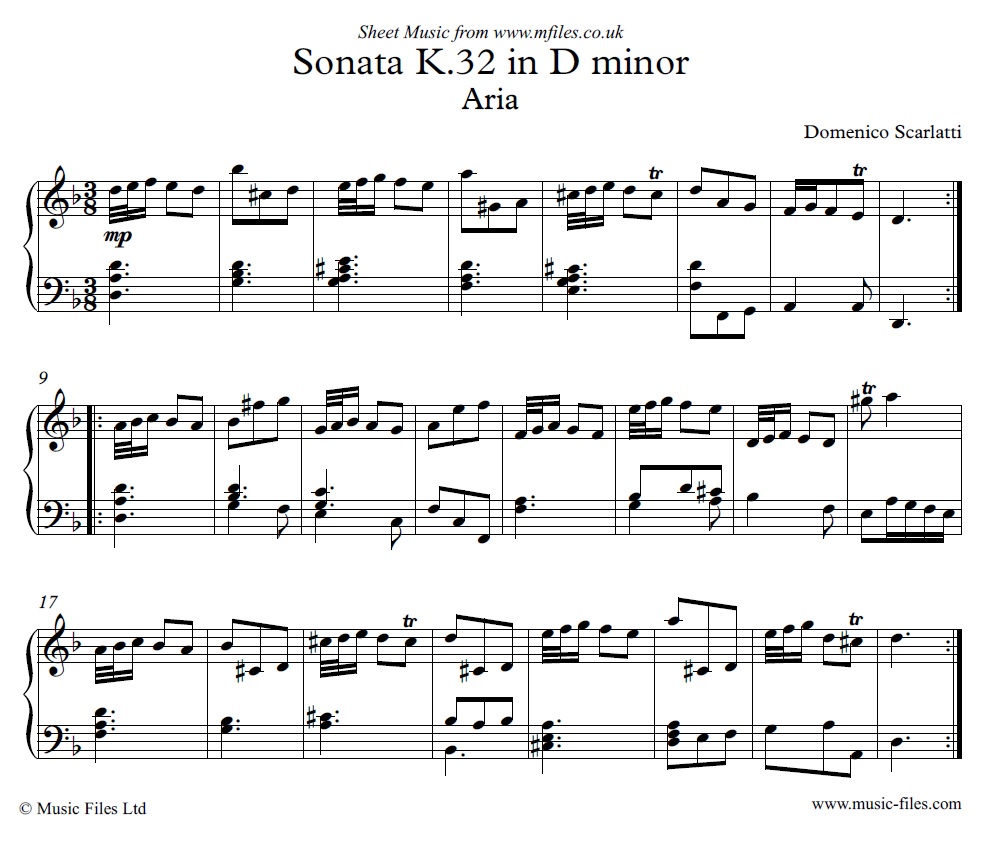 Domenico Scarlatti's Keyboard Sonata K.32 in D minor - sheet music 1st page