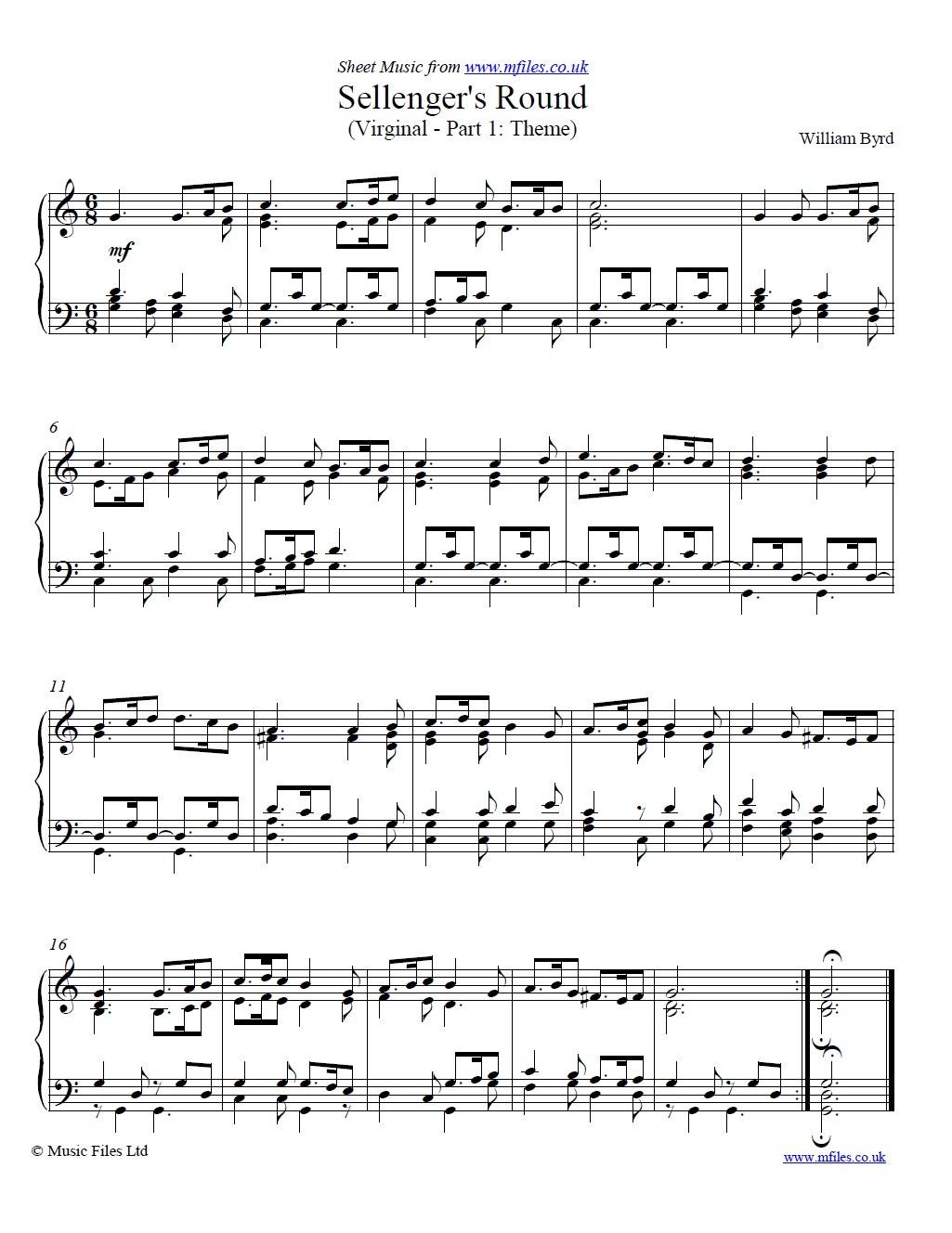 Sellenger's Round by Byrd for Virginal - sheet music 1st page