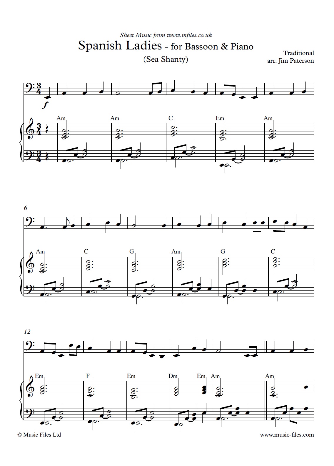 Spanish Ladies (Bassoon and Piano) - sheet music 1st page