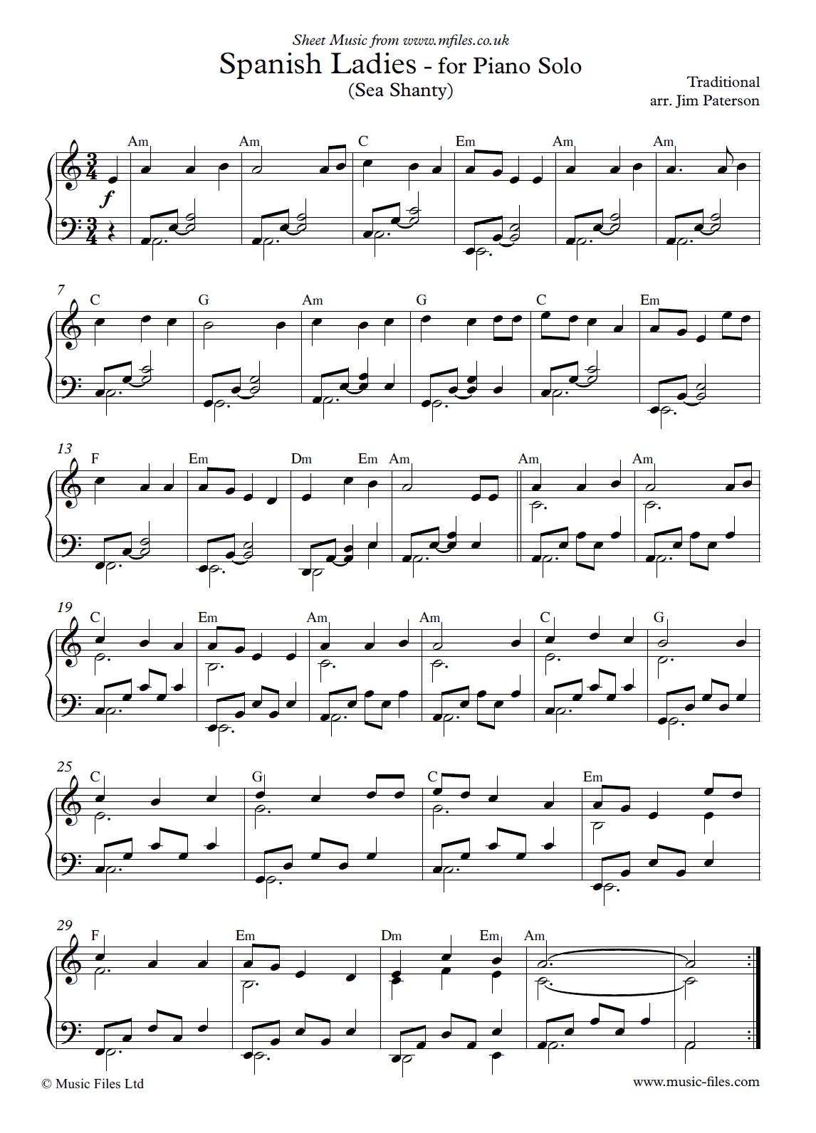 Spanish Ladies (Piano Solo) - sheet music 1st page