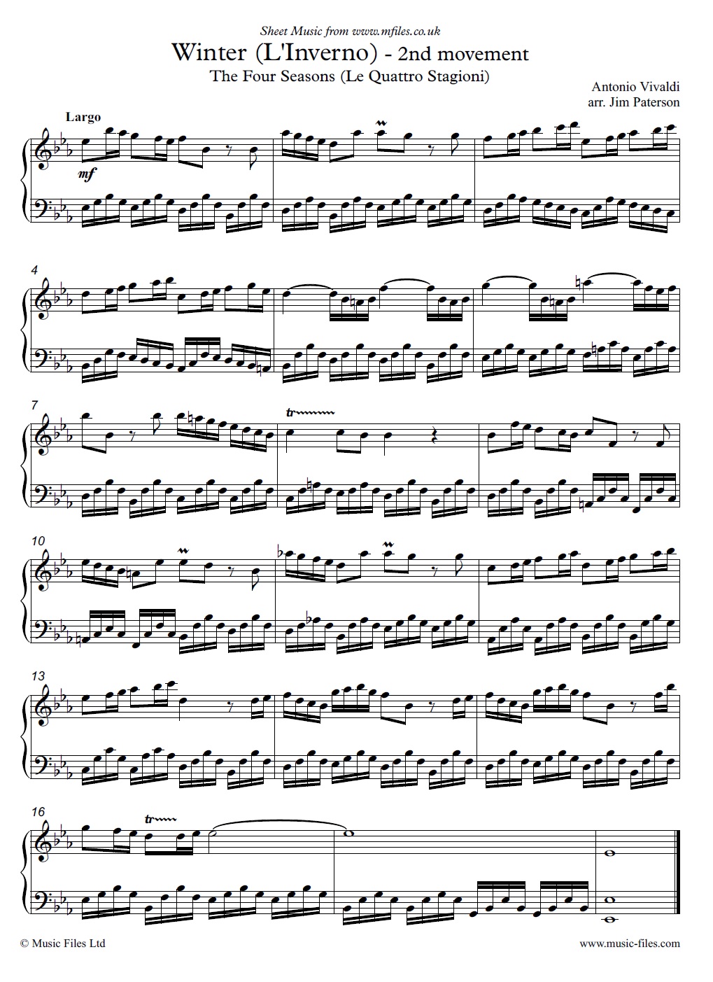 Vivaldi's Largo from Winter, arranged for Piano Solo - sheet music 1st page