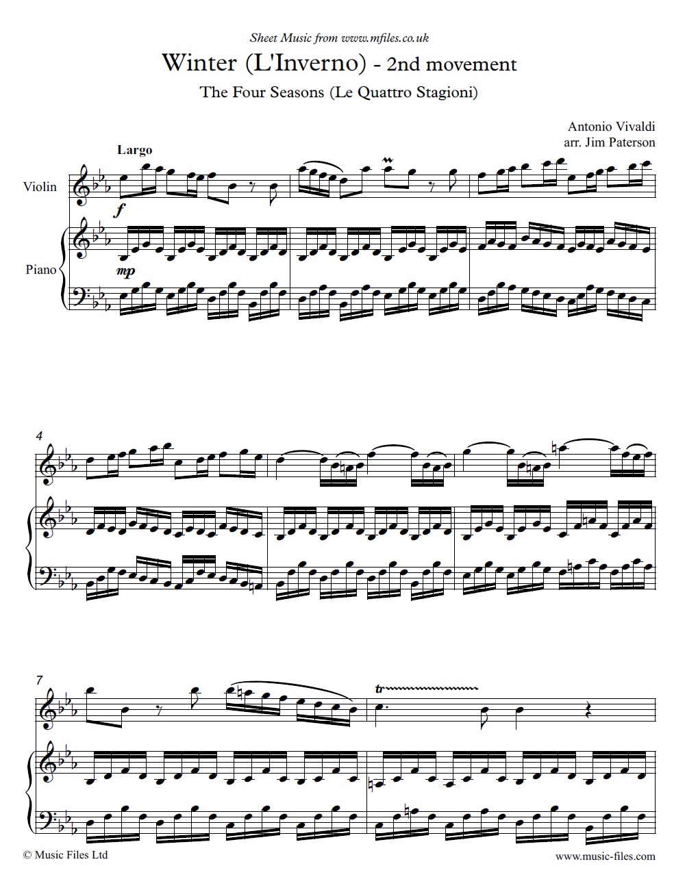 Vivaldi's Largo from Winter, arranged for Violin and Piano - sheet music 1st page